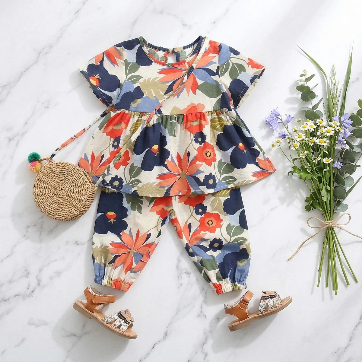 Princess Kids Baby Girls Clothes Sets Flower Cotton Summer Children Sets Fashion