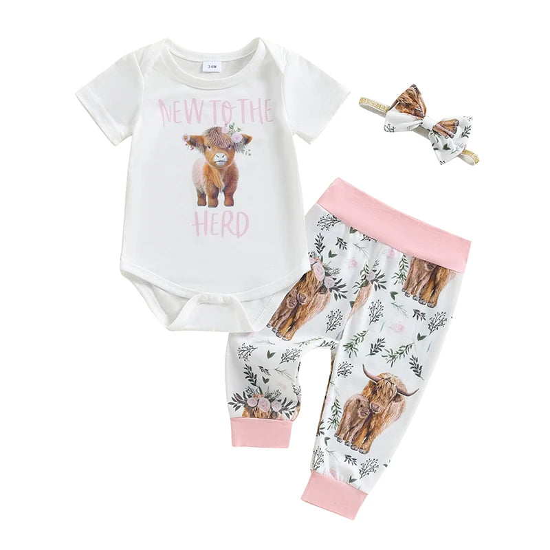 Summer Infant Baby Girl Clothes Set Print Short Sleeve Romper Elastic Waist Pants Bow Headband Outfits
