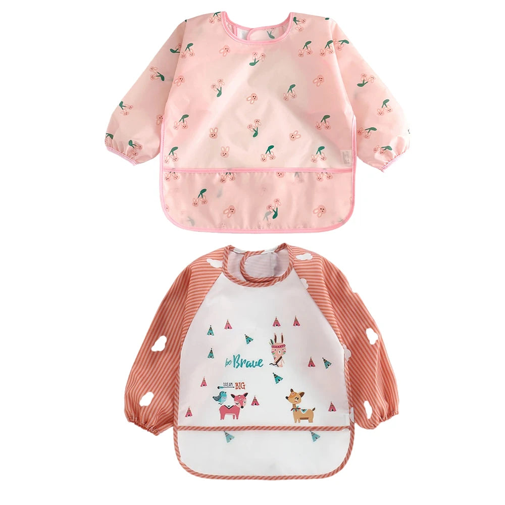 2pcs Waterproof Full Sleeve Baby Bibs Children Apron Long Sleeve Feeding Smock Kids Eating Breastplate Infant Scarf Clothing
