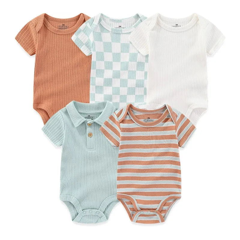 5-Piece Newborn Baby Bodysuit Set, Unisex Cotton Sleeveless Rompers with Cartoon and Solid Color Designs for Boys and Girls