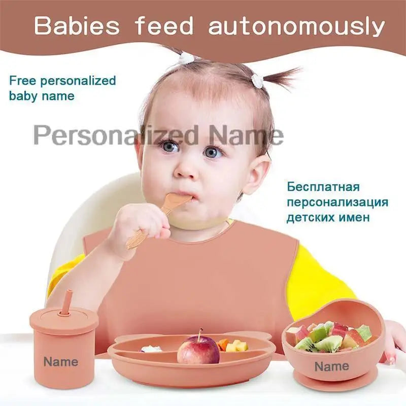 Silicone Sucker Bowl Plate Cup Bibs Spoon Fork Sets Personalized Name Children's Feeding Dishes Silicone Tableware Set For Kids