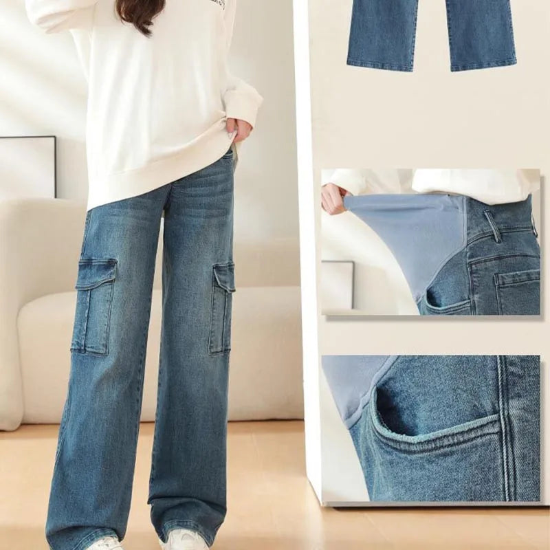 Maternity Washed Denim Jeans for Pregnant Women Clothes Elastic Waist Belly Loose Pants Pregnancy Clothing Clothe