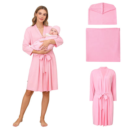 Pregnant Woman Robe Baby Swaddle Hat Set Mommy Labor Delivery Night-robe with Receiving Blankets Sleepwear for Home Hospital