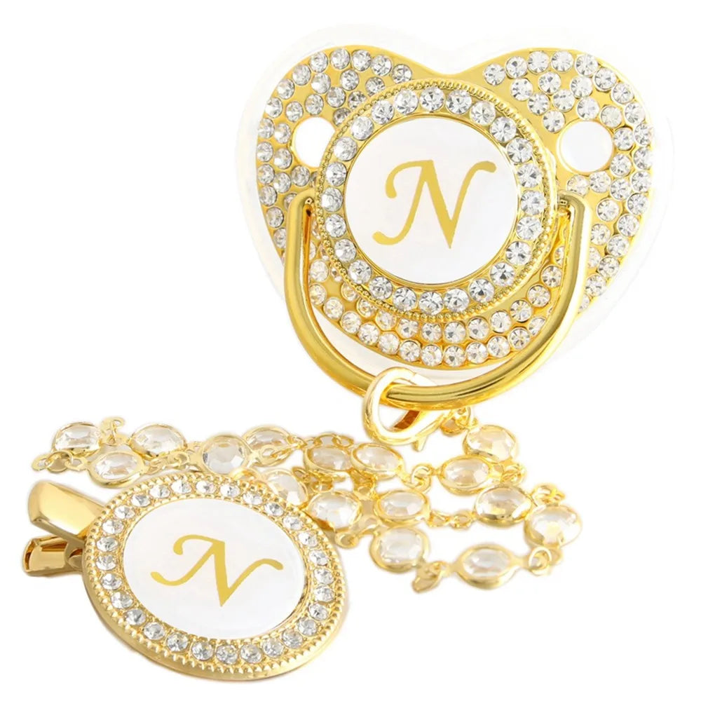 26 Initial Letters Golden Baby Pacifier With Diamond Chain Clip