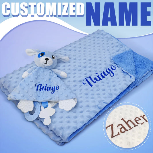 Personalized Newborn Baby Blanket with Name Custom Stroller Sleeping Dolls Animal Security Towel Gift Set for Baby Shower Gifts