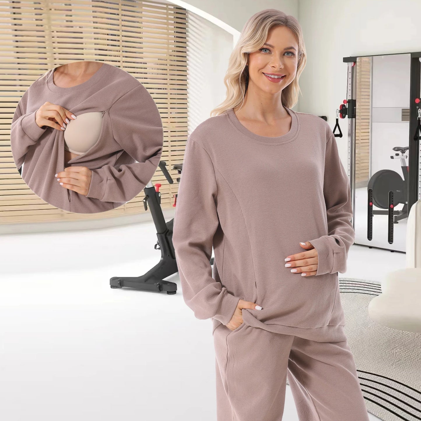 New Maternity Clothes Wear Set Waffle Breastfeeding Sweater Hoodies Pregnancy Casual Tops for Pregnant Women Autumn Winter