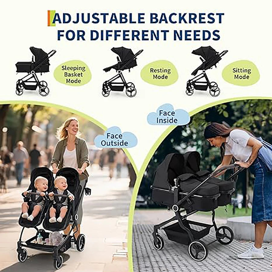 Double Stroller for Newborn and Toddler, Lightweight Tandem with Compact Fold and Adjustable Recline