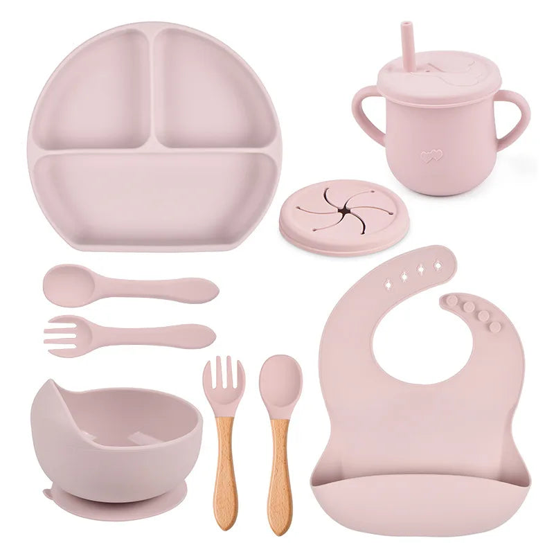 3/9Pcs Baby Tableware Set Food Grade Silicone Baby Dishes for Children's Cute Print Bib Bowl Non-Slip Plates with Sucker BPAFREE