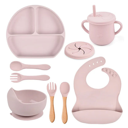 3/9Pcs Baby Tableware Set Food Grade Silicone Baby Dishes for Children's Cute Print Bib Bowl Non-Slip Plates with Sucker BPAFREE