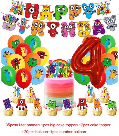 Number Birthday Decorations Building Blocks Tablecloth Banner Spiral Cake Topper Balloon for Kids Baby Shower Supplies Gifts