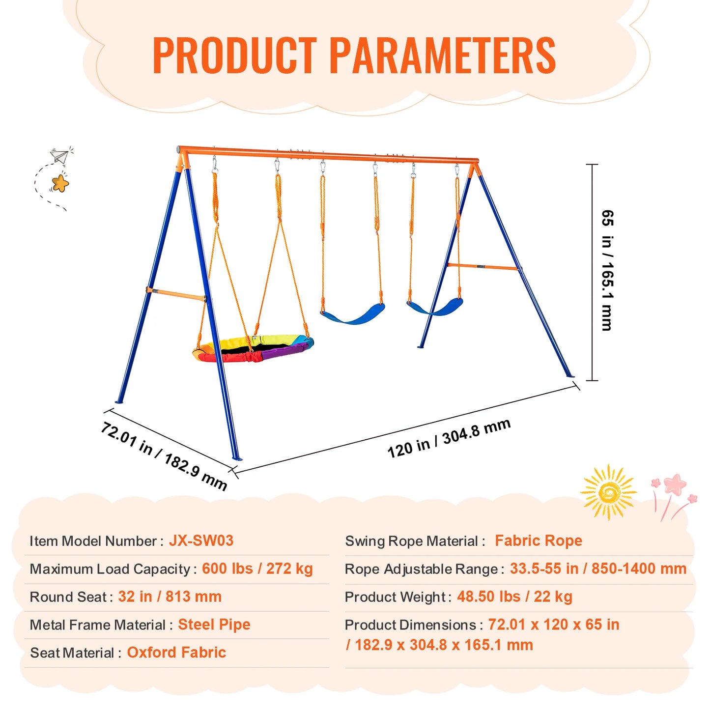 Swing Sets for Backyard 600lbs Capacity Swing Set with 1 Saucer Swing Seat 2 Belt Swing Seats Outdoor for Kids