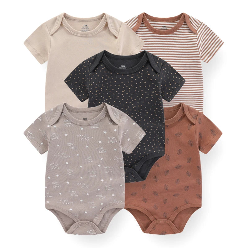 5-Piece Newborn Baby Bodysuit Set, Unisex Cotton Sleeveless Rompers with Cartoon and Solid Color Designs for Boys and Girls