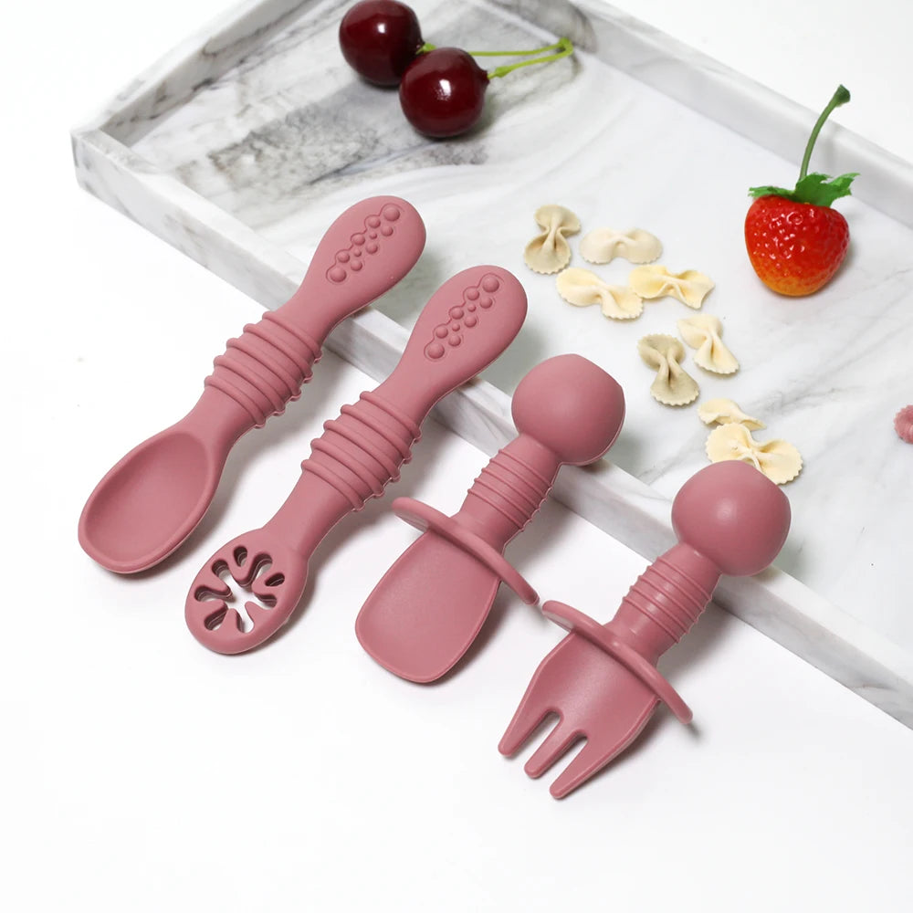 Silicone Food Grade 4pcs Baby Feeding Spoon Set Mini Small Fork and Spoon and Long Spoon Set