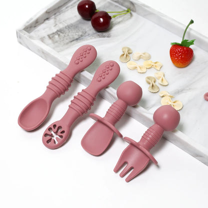 Silicone Food Grade 4pcs Baby Feeding Spoon Set Mini Small Fork and Spoon and Long Spoon Set