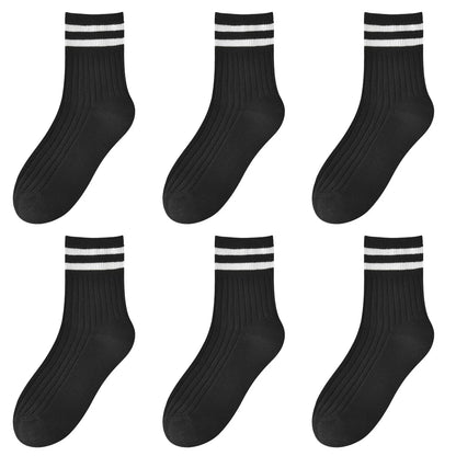 Kids Boys Girls Cotton Socks - Seamless Double Needle Ribbed 2-Stripe, All Season School Home Sports Socks