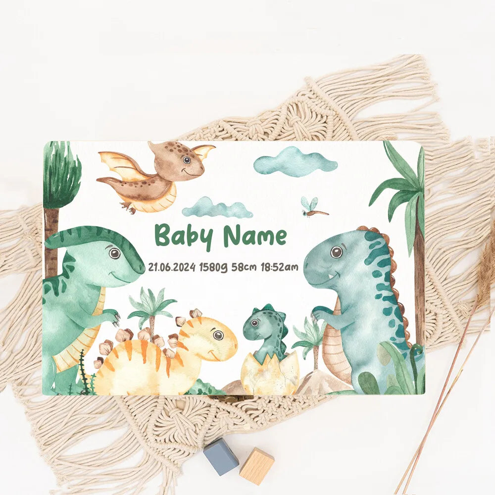 Personalized Dinosaur with Name Baby Wooden Memory Box Newborn Shower Gift  Keepsake Infant Birth Stats Box Umbilical Cord Boxes