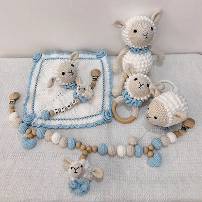 Newborn Educational Ring Teething Toy Baby Cartoon Lamb sheep Wooden Ring Rattle Crochet Wool Toy Customize Pacifier chain Towel