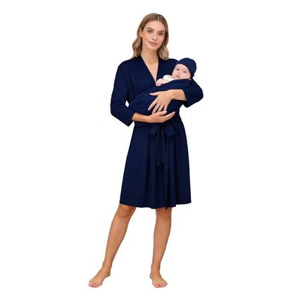 Maternity Robe Matching Baby Receiving Blanket Mommy Labor Delivery Night-robe with Swaddle Set Hospital Home Nursing Clothing