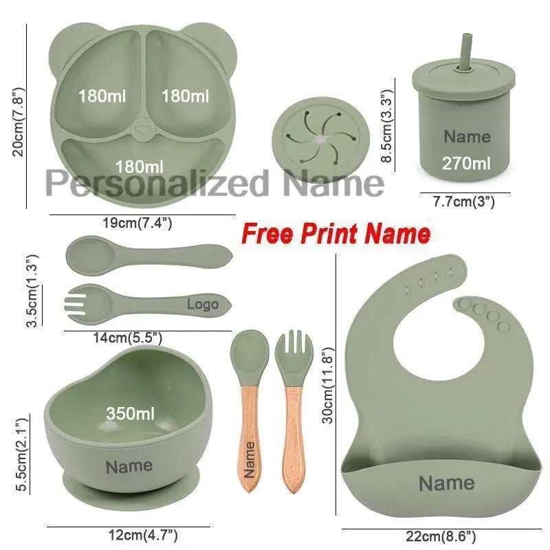 Silicone Sucker Bowl Plate Cup Bibs Spoon Fork Sets Personalized Name Children's Feeding Dishes Silicone Tableware Set For Kids