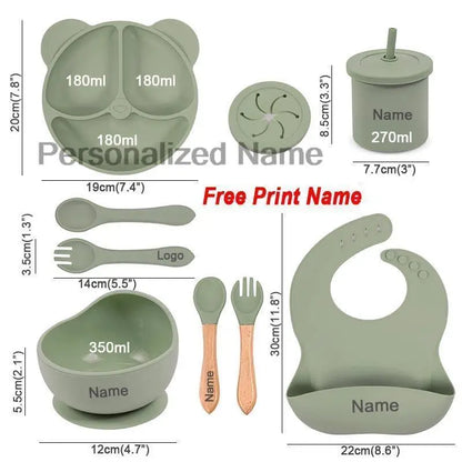 Silicone Sucker Bowl Plate Cup Bibs Spoon Fork Sets Personalized Name Children's Feeding Dishes Silicone Tableware Set For Kids