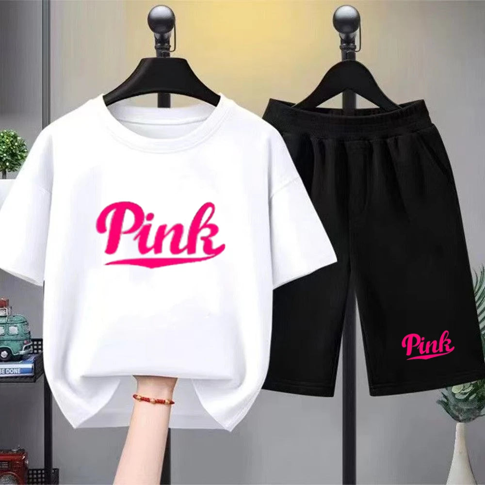 Kids Summer Girl Round Neck Black T-shirt+Shorts Short-sleeved Toddler 3-12Y Casual Sports Set Fashion Pink letter print