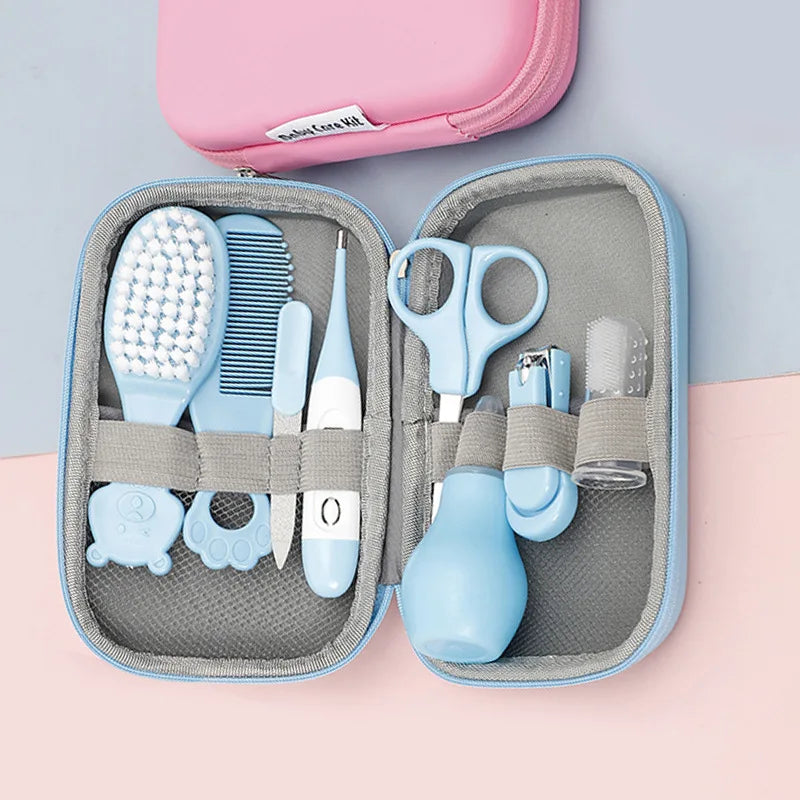 8PCS Baby Care Cleaning Set Nail Clippers Comb Head Massage Nasal Aspirator Thermometer Soft Bristle Brush Children Grooming Kit