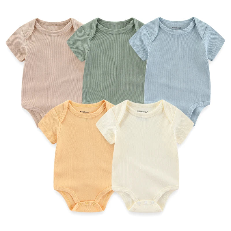 5-Piece Newborn Baby Bodysuit Set, Unisex Cotton Sleeveless Rompers with Cartoon and Solid Color Designs for Boys and Girls