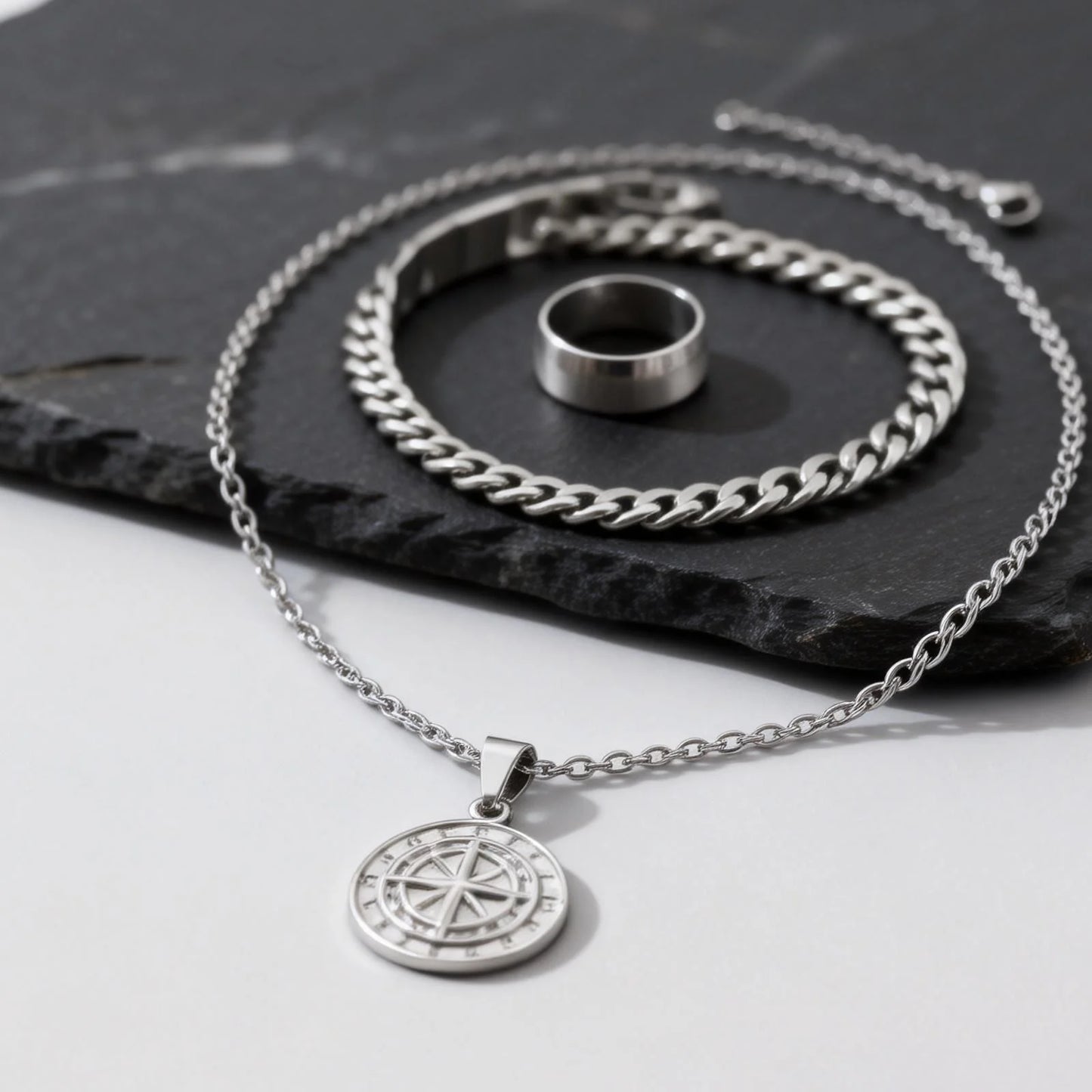 3pcs Classic Compass Necklace Set Gift for Men,Silver Gold Color Stainless Steel Bracelet Ring,Simple Jewelry Set