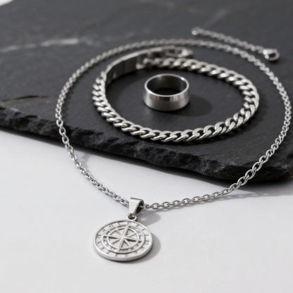 3pcs Classic Compass Necklace Set Gift for Men,Silver Gold Color Stainless Steel Bracelet Ring,Simple Jewelry Set
