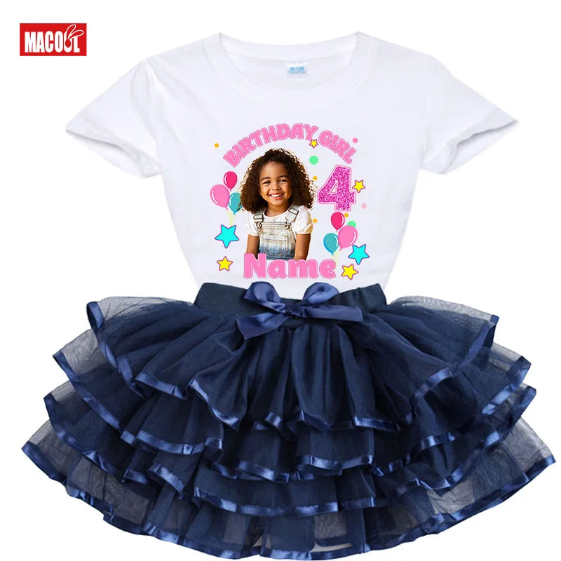 Custom Photo Birthday Girl Shirt And Tutu Set Girls' Party Dress Outfit with Name Personalization Child's Special Day Clothing