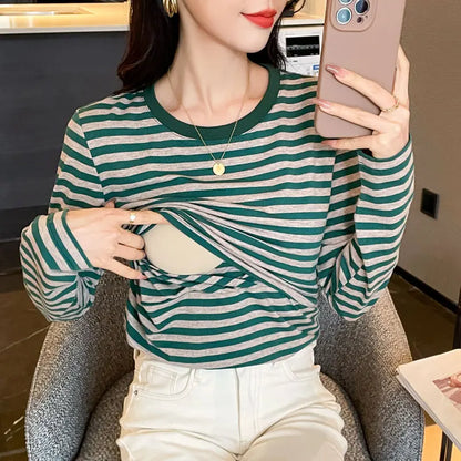 Autumn Postpartum Woman Breastfeeding Cotton T-shirt Lace Two-piece Nursing Tees Maternity