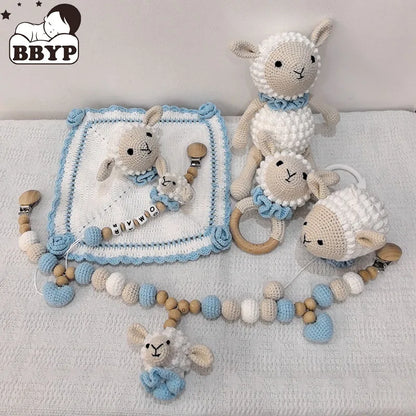 Newborn Educational Ring Teething Toy Baby Cartoon Lamb sheep Wooden Ring Rattle Crochet Wool Toy Customize Pacifier chain Towel