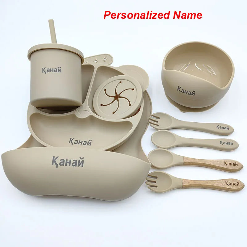 Silicone Sucker Bowl Plate Cup Bibs Spoon Fork Sets Personalized Name Children's Feeding Dishes Silicone Tableware Set For Kids