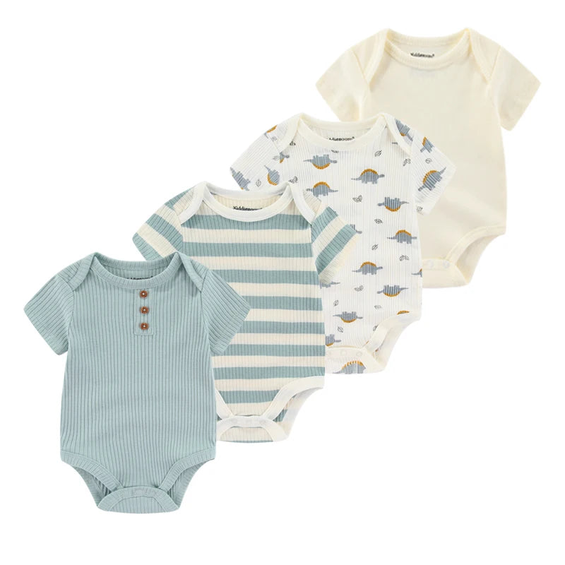 4-Piece Baby Romper Set, Soft Cotton Cartoon Print Short Sleeve Bodysuits for Newborn Boys and Girls (0–12M)