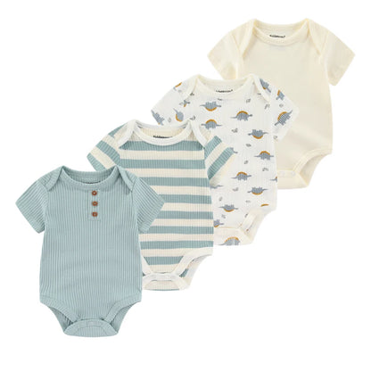 4-Piece Baby Romper Set, Soft Cotton Cartoon Print Short Sleeve Bodysuits for Newborn Boys and Girls (0–12M)