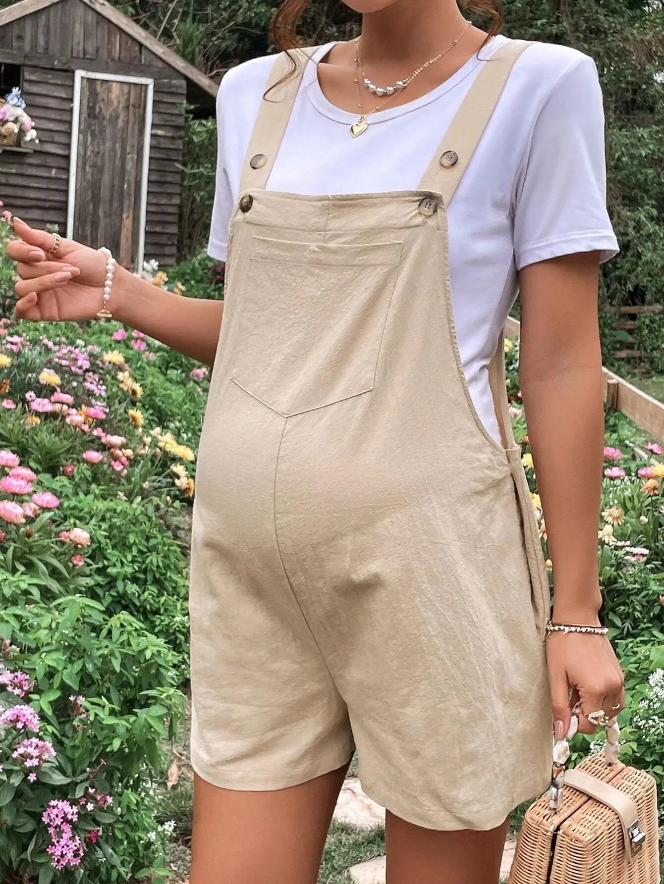 Summer New Pregnant Women's Solid Color Suspender Jumpsuit with Adjustable Waist Comfortable Casual Women's Shorts