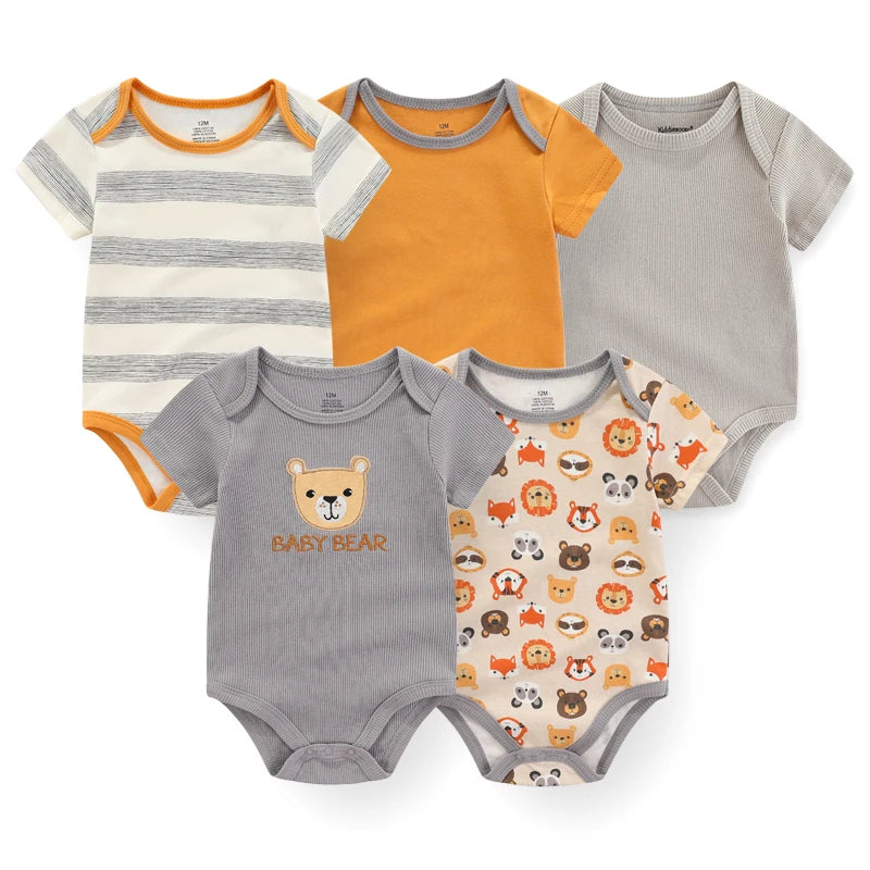 5-Piece Newborn Baby Bodysuit Set, Unisex Cotton Sleeveless Rompers with Cartoon and Solid Color Designs for Boys and Girls