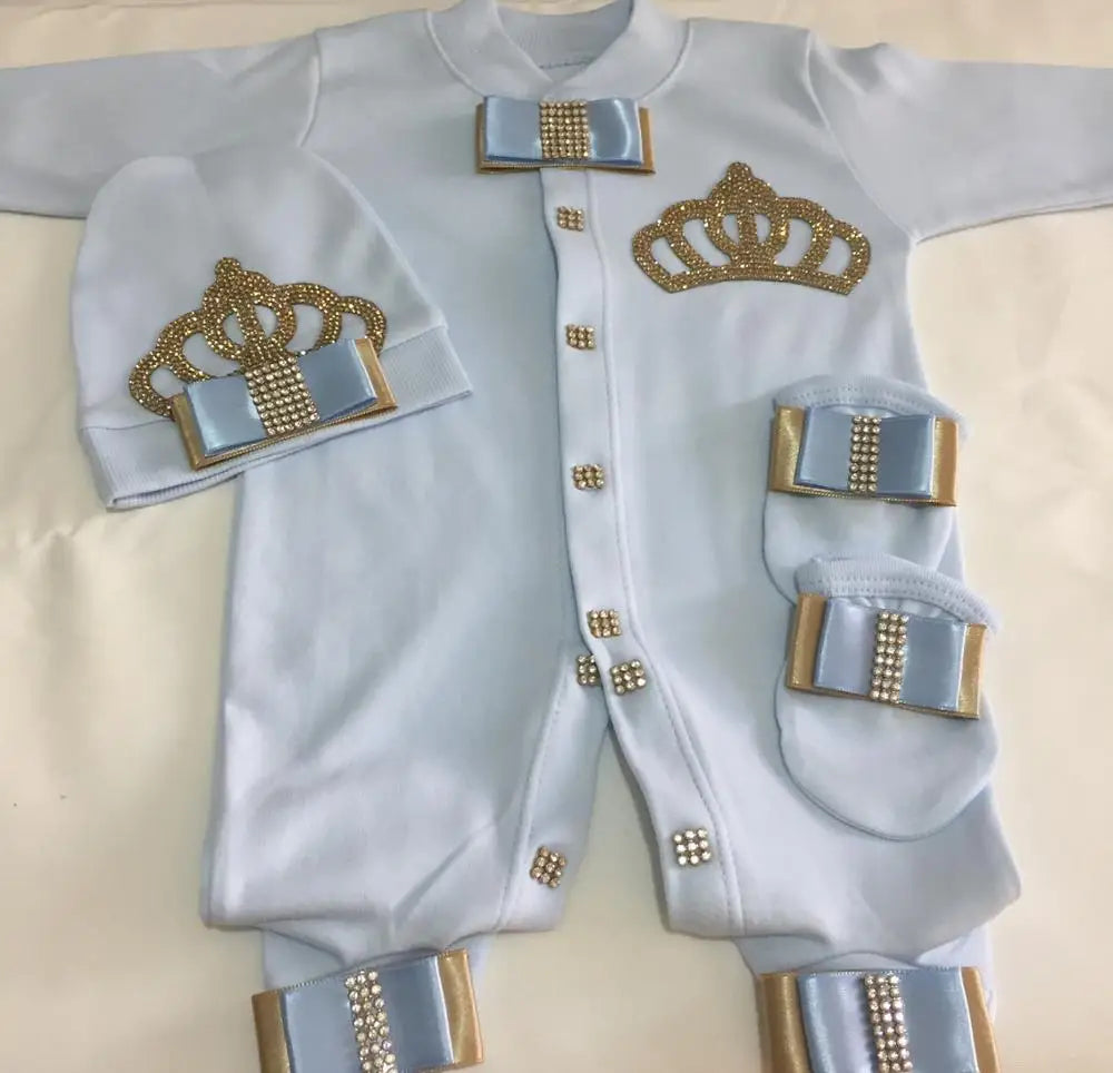 Baby Prince Welcome Home 3pcs Crown Layette Hospital Exit Newborn Outfits Swaddle Set Hello World I'm new Cotton