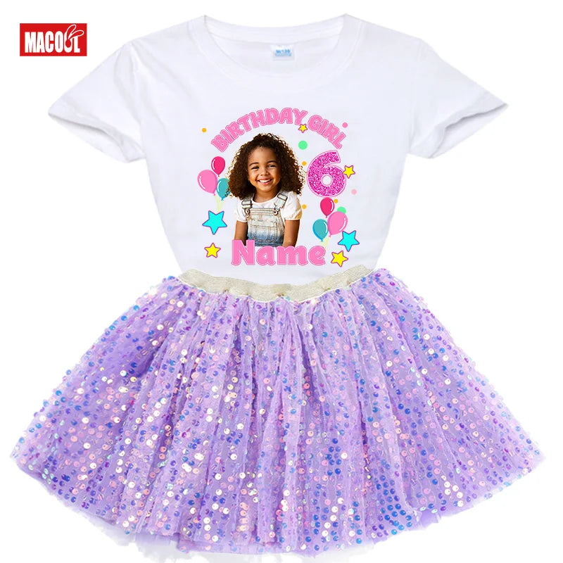 Custom Photo Birthday Girl Shirt And Tutu Set Girls' Party Dress Outfit with Name Personalization Child's Special Day Clothing