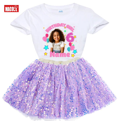 Custom Photo Birthday Girl Shirt And Tutu Set Girls' Party Dress Outfit with Name Personalization Child's Special Day Clothing