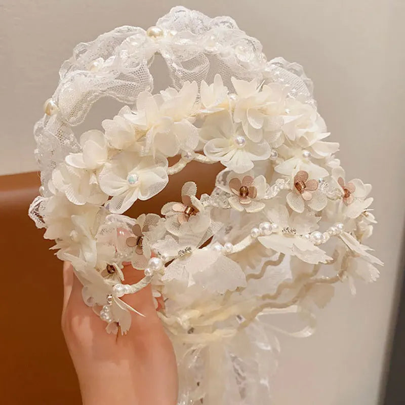 White Lace Hair Flower Butterfly Hairbands Princess Pearl Headbands