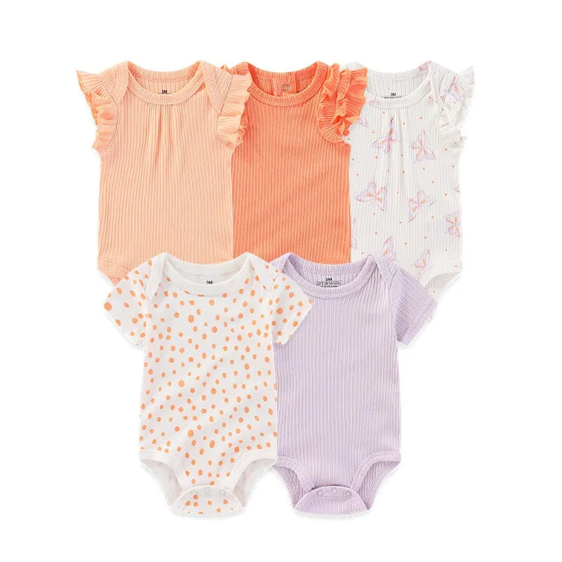 5-Piece Newborn Baby Bodysuit Set, Unisex Cotton Sleeveless Rompers with Cartoon and Solid Color Designs for Boys and Girls