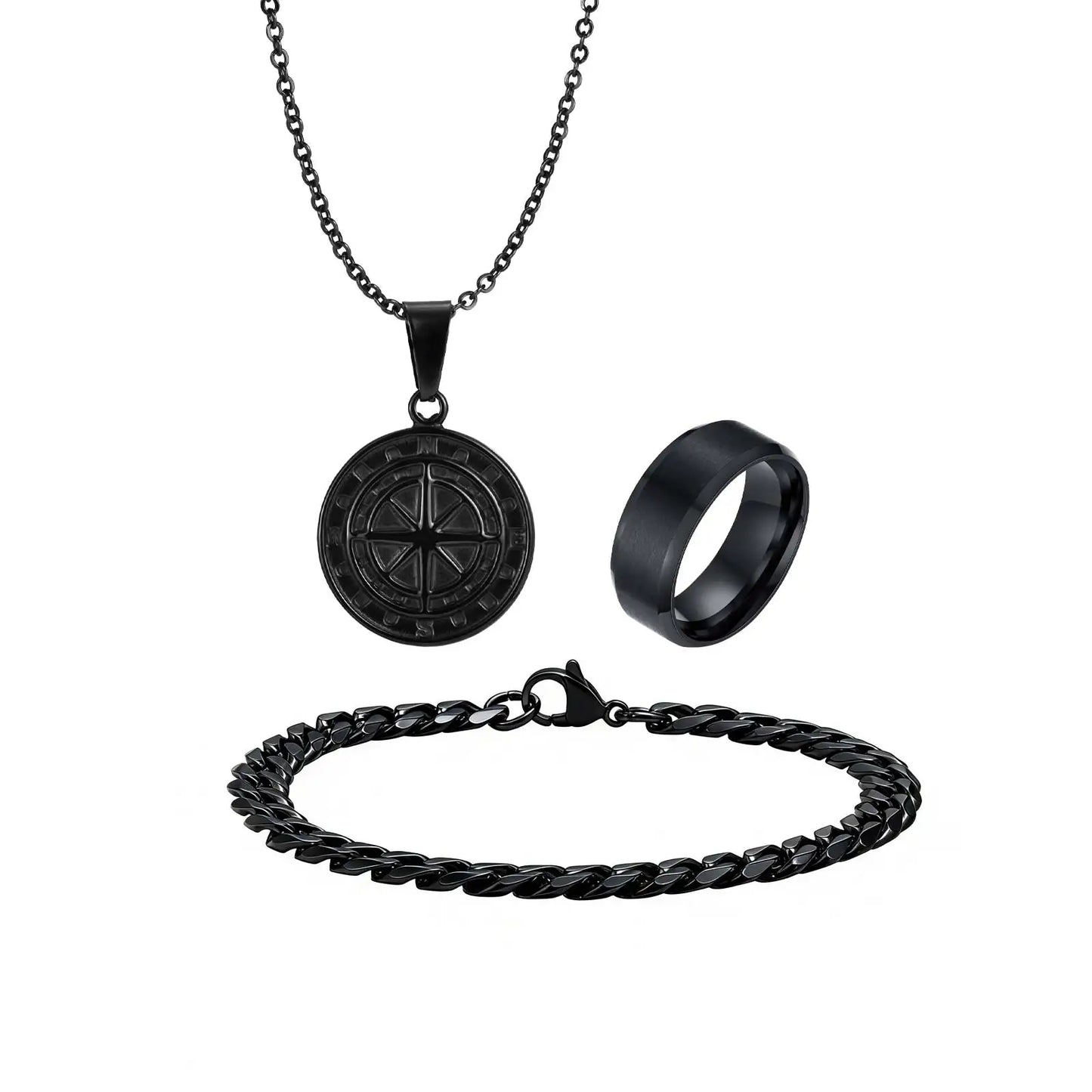 3pcs Classic Compass Necklace Set Gift for Men,Silver Gold Color Stainless Steel Bracelet Ring,Simple Jewelry Set