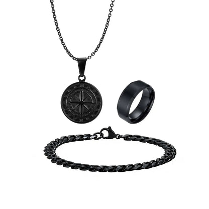 3pcs Classic Compass Necklace Set Gift for Men,Silver Gold Color Stainless Steel Bracelet Ring,Simple Jewelry Set