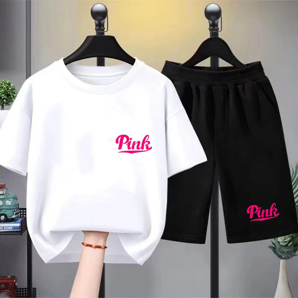 Kids Summer Girl Round Neck Black T-shirt+Shorts Short-sleeved Toddler 3-12Y Casual Sports Set Fashion Pink letter print