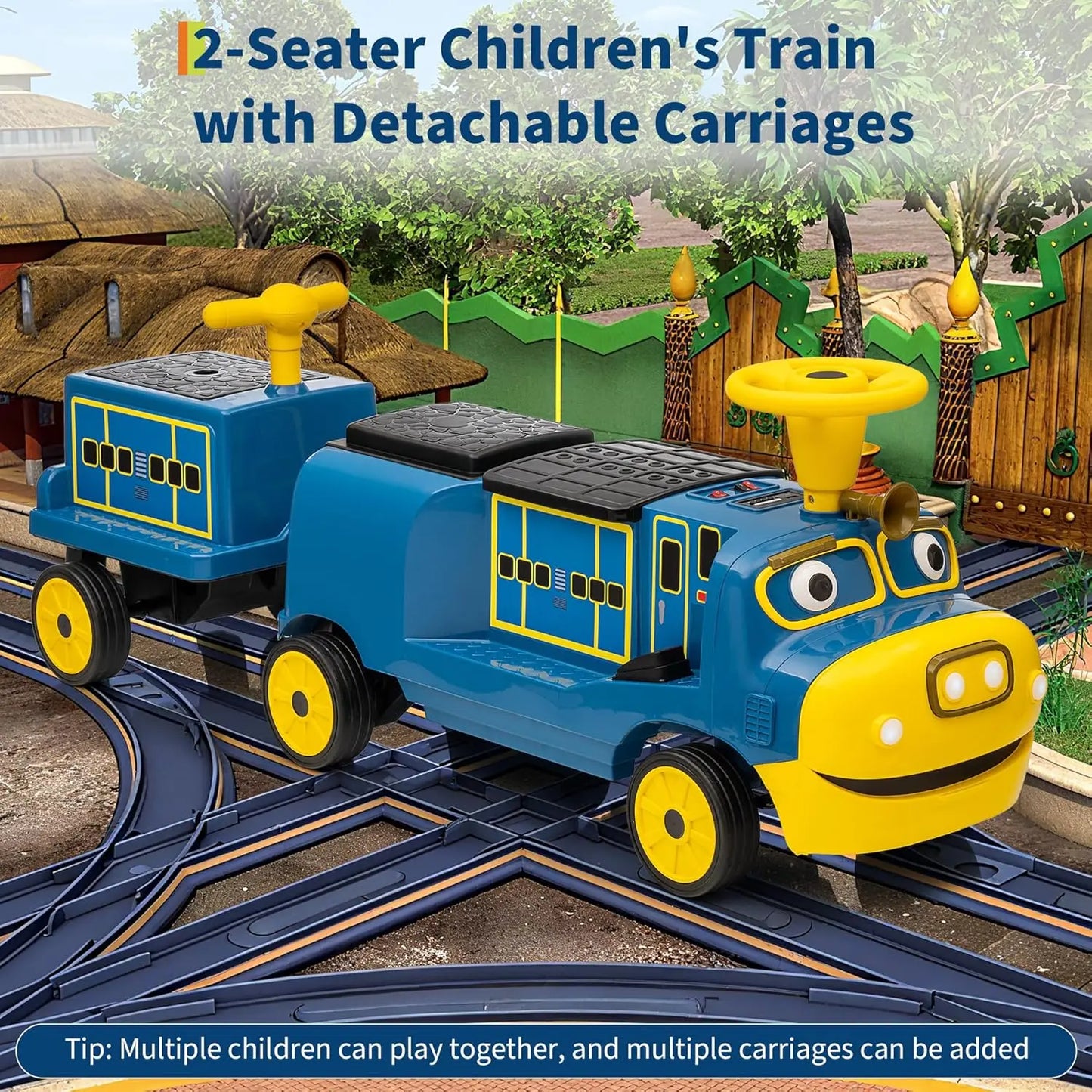 2 Seater Ride On Train Trackless, 12V Kids Ride On Toy with Height Adjustable Seat, Storage Space, Carrige for Toddlers 3+