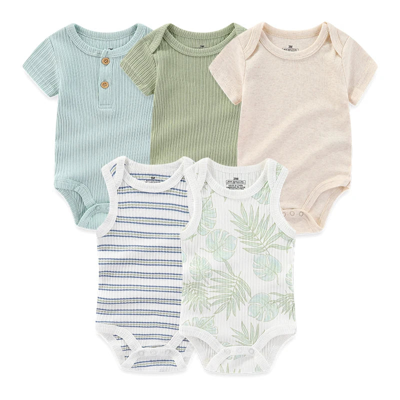 5-Piece Newborn Baby Bodysuit Set, Unisex Cotton Sleeveless Rompers with Cartoon and Solid Color Designs for Boys and Girls