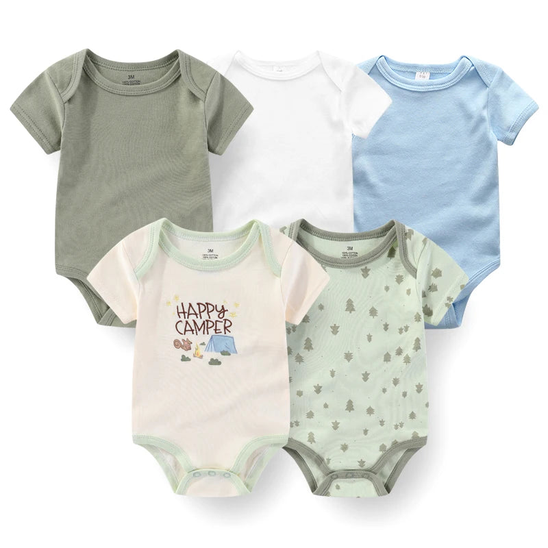 5-Piece Newborn Baby Bodysuit Set, Unisex Cotton Sleeveless Rompers with Cartoon and Solid Color Designs for Boys and Girls