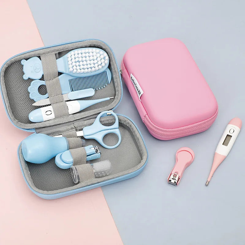 8PCS Baby Care Cleaning Set Nail Clippers Comb Head Massage Nasal Aspirator Thermometer Soft Bristle Brush Children Grooming Kit