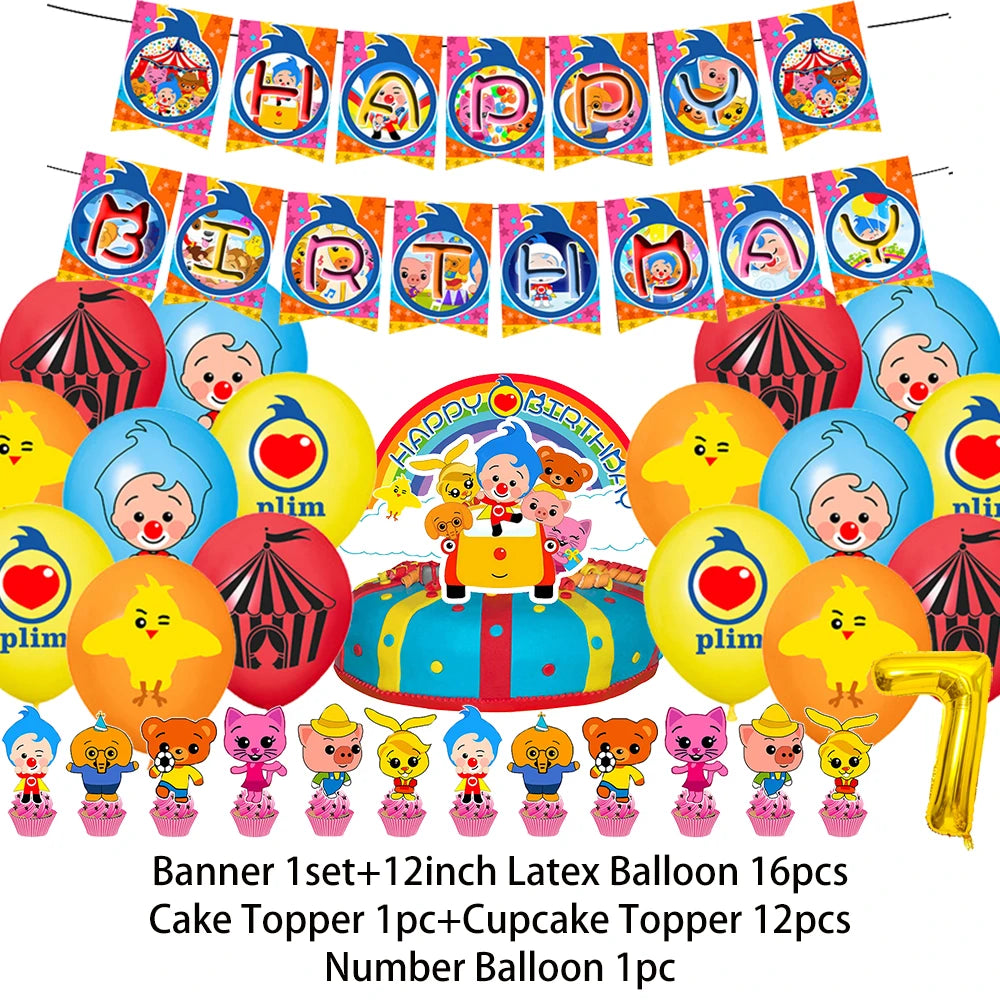 Cartoon Pliming Plims Theme Kids Birthday Party Decoration Background Supplies Balloon Set Cake Toppers Banner Backdrop Kid Gift